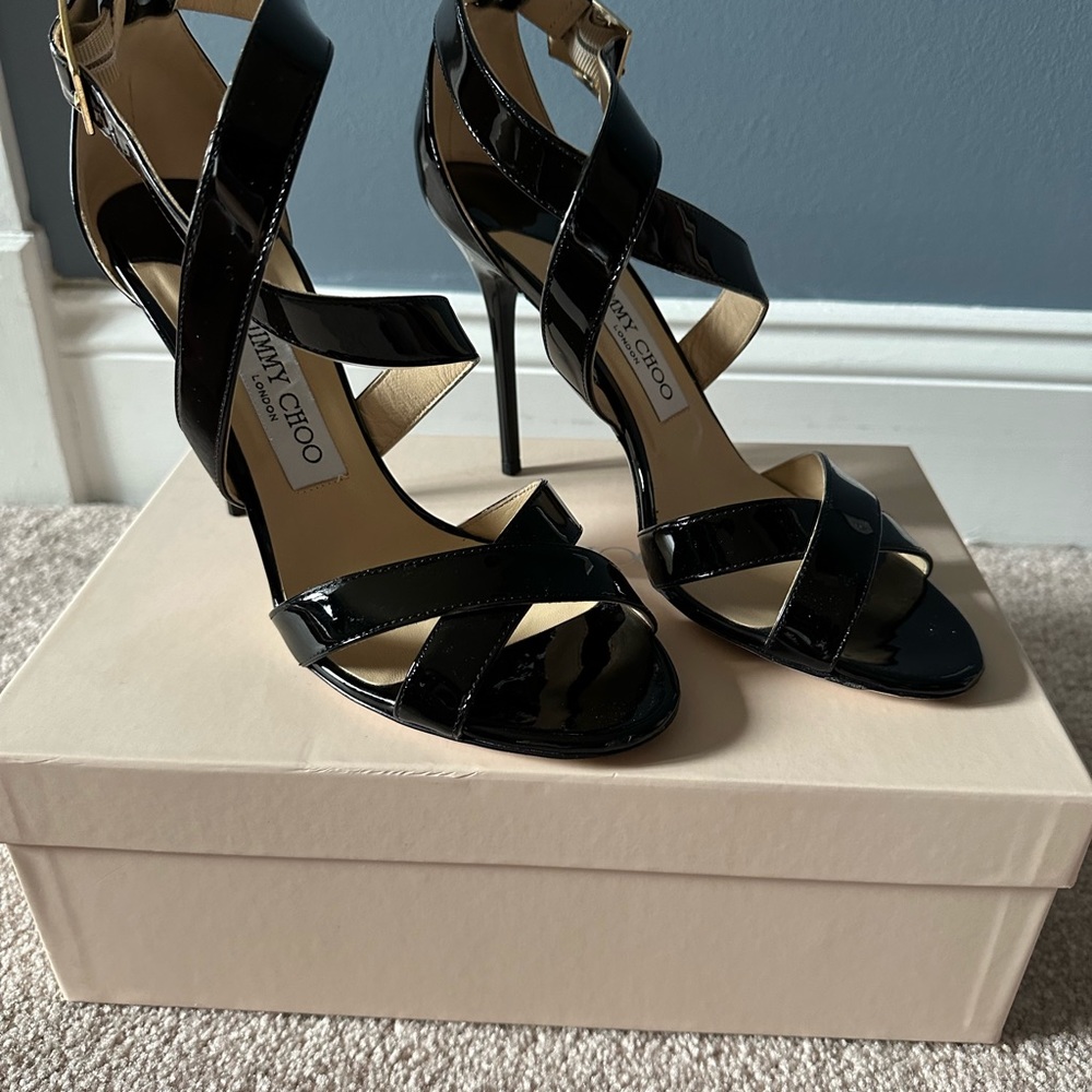 Jimmy Choo Lottie black patent leather sandal, size 38.5